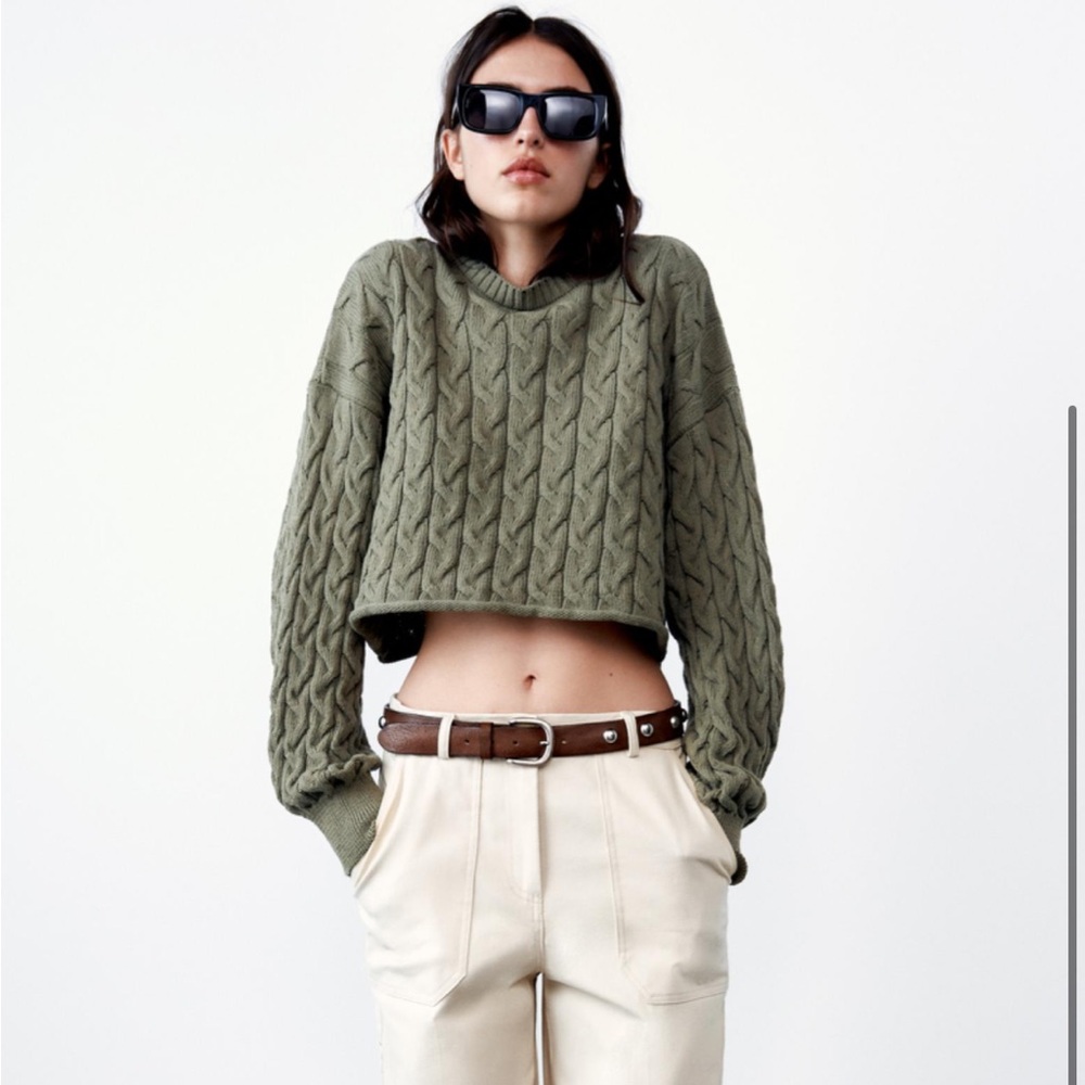 Olive green cropped cable knit sweater
